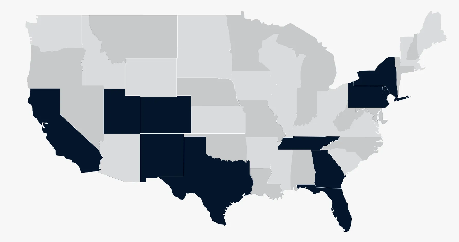 US map highlighting certain states in dark color.