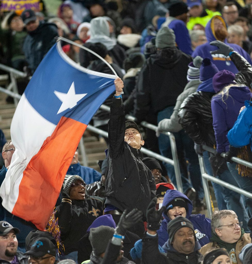 Person waving Texas flag in stadium crowd.