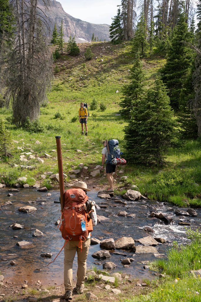 Hikers crossing stream in forest nature trail.