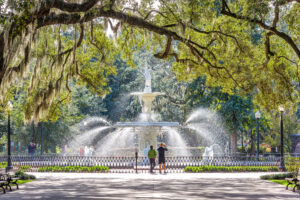 Forsyth Park, Savannah, Georgia, USA fountain in the afternoon.